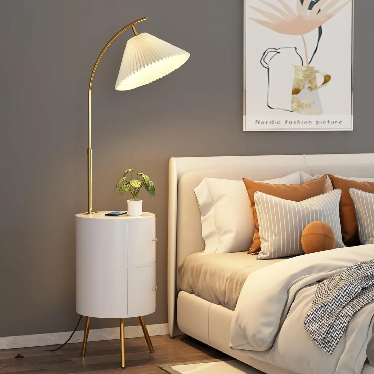 Round Smart led nightstand with lamp & Wireless Charging Station