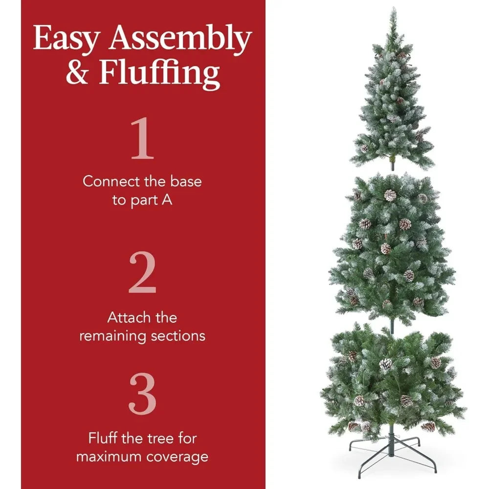 Pre-lit Pencil Christmas Tree, Partially Flocked & Frosted Slim Holiday Tree Decoration, Skinny Xmas Tree