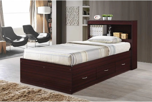 Twin Size Wood Bed with Bookcase Headboard with 3 Drawers