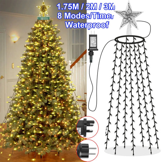 Christmas Tree Waterfall Lights with Star Topper