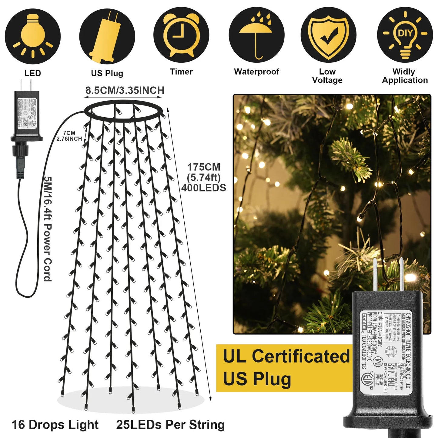 Christmas Tree Waterfall Lights with Star Topper