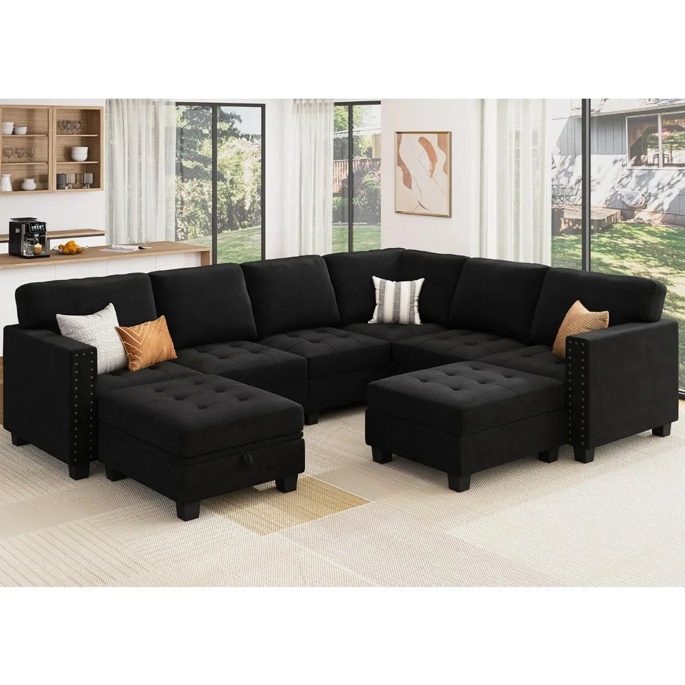 Velvet Sectional Sofa, L Shaped with Storage Ottoman