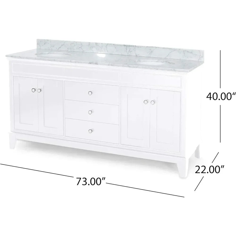 72" Double Sink Bathroom Vanity with Marble Top, Solid Wood