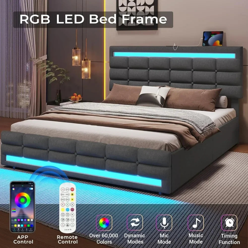 LED Bed Frame w 4 Drawers and 2 USB Charging Station,