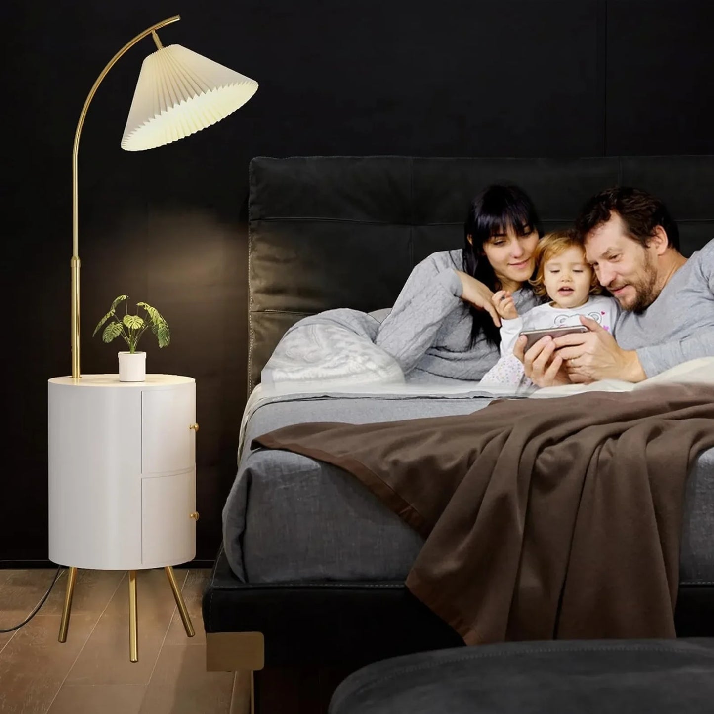 Round Smart led nightstand with lamp & Wireless Charging Station