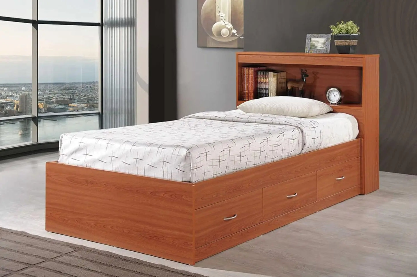 Twin Size Wood Bed with Bookcase Headboard with 3 Drawers