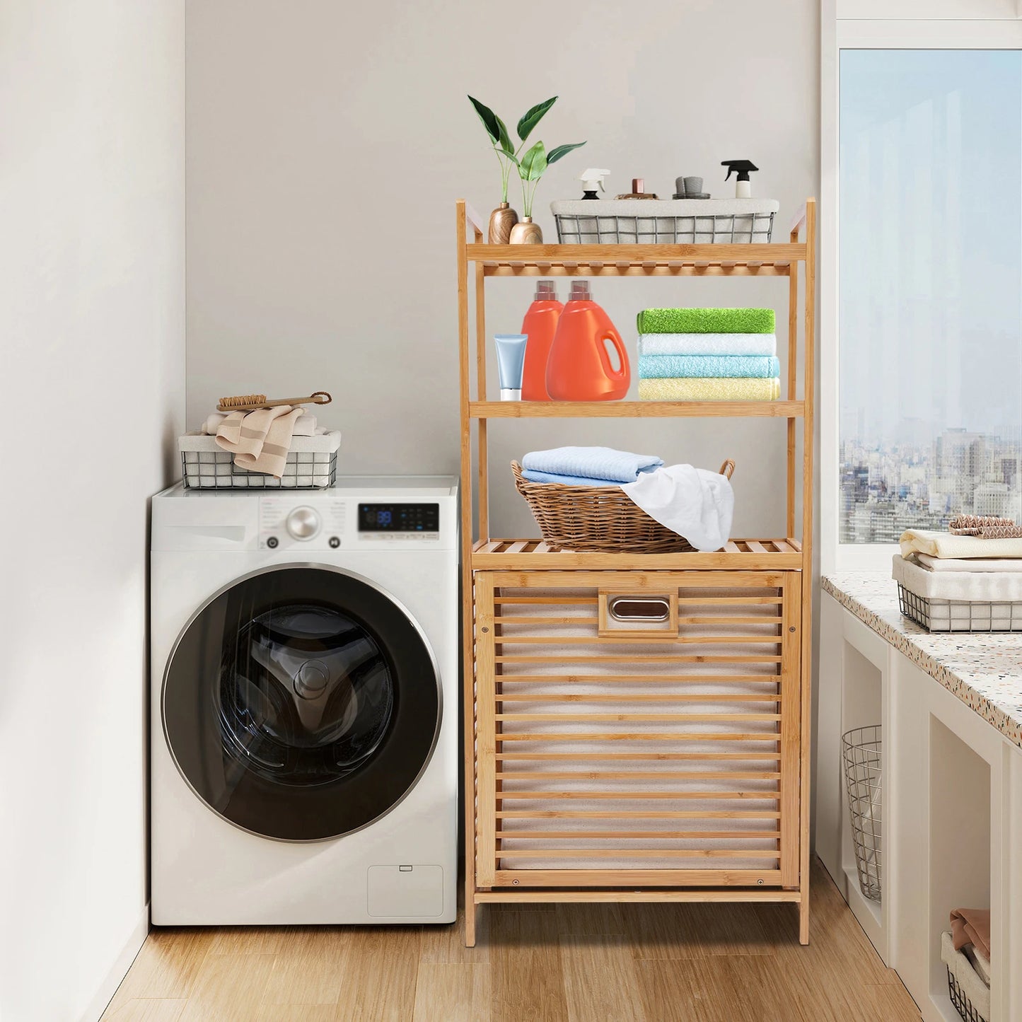 4-Tier Laundry Hamper Bamboo Bathroom Cabinet