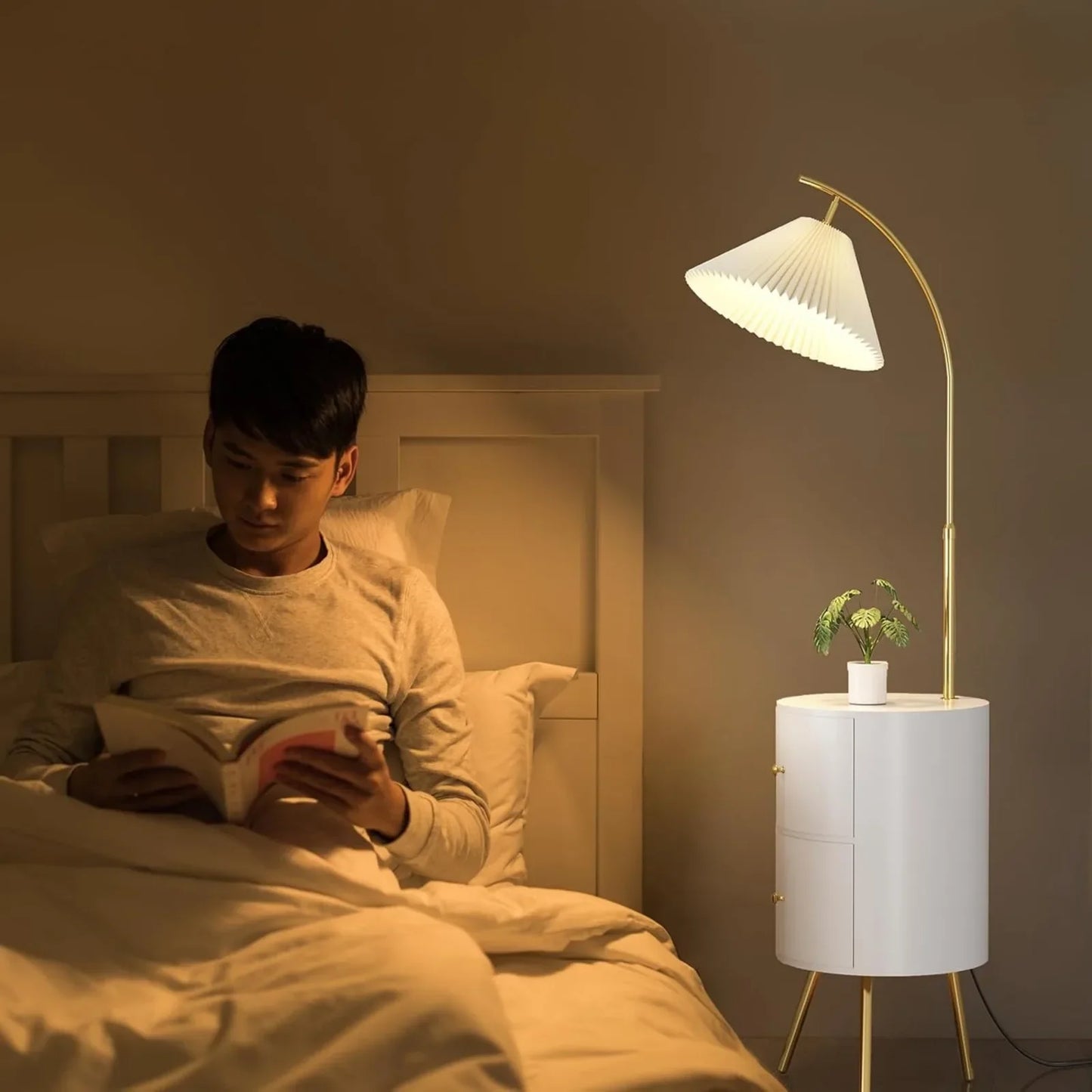 Round Smart led nightstand with lamp & Wireless Charging Station