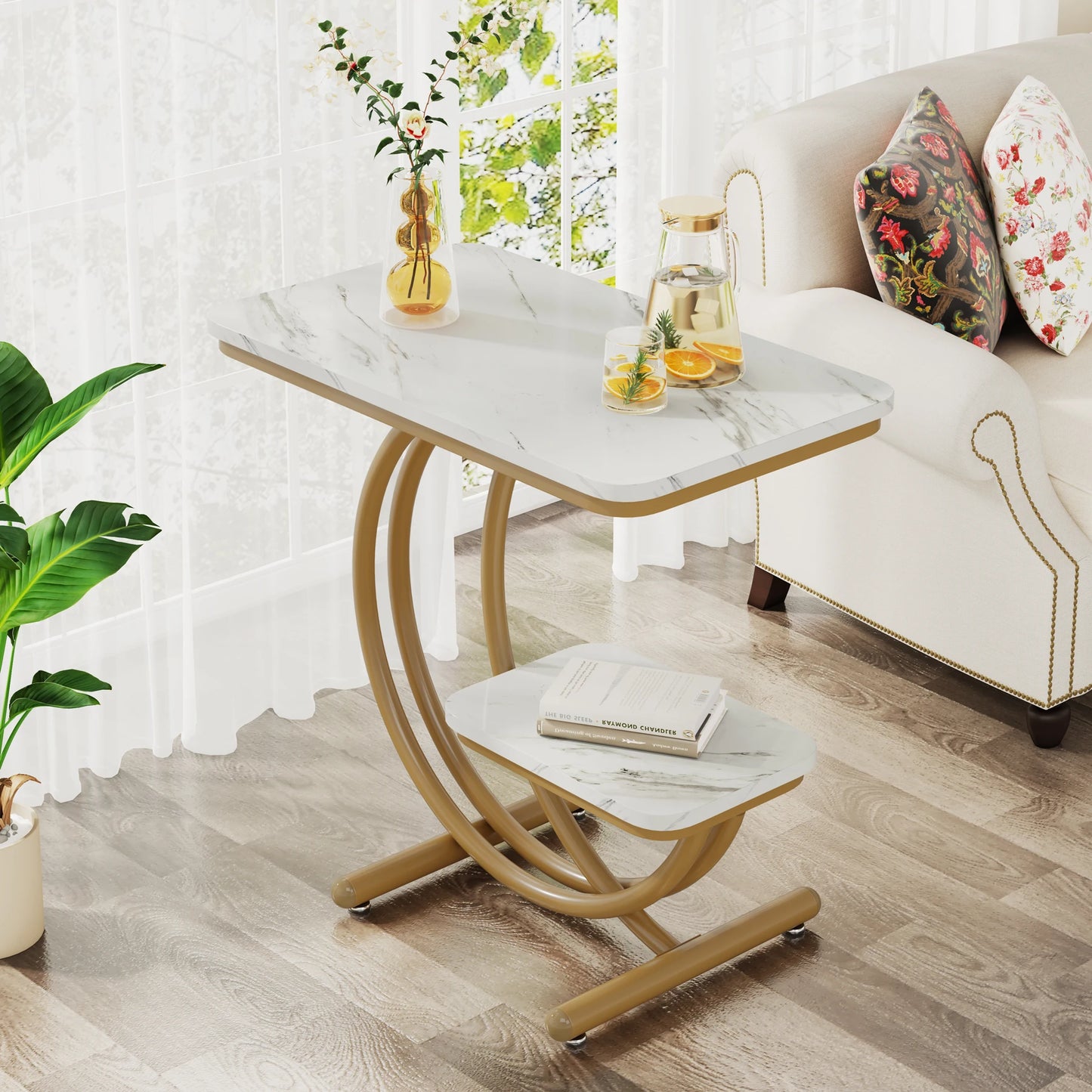 Side Table with Faux Marble Tabletop, 2-Tier