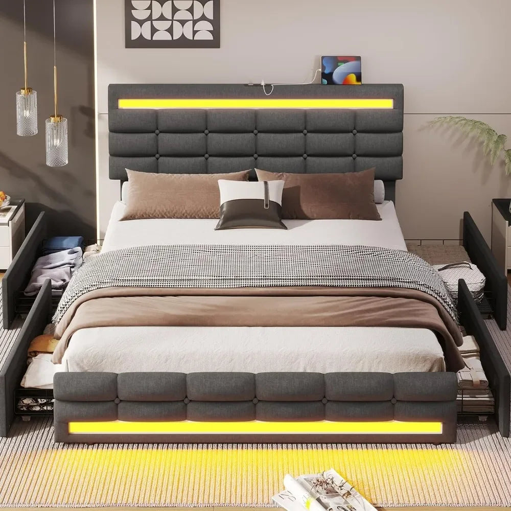 LED Bed Frame w 4 Drawers and 2 USB Charging Station,