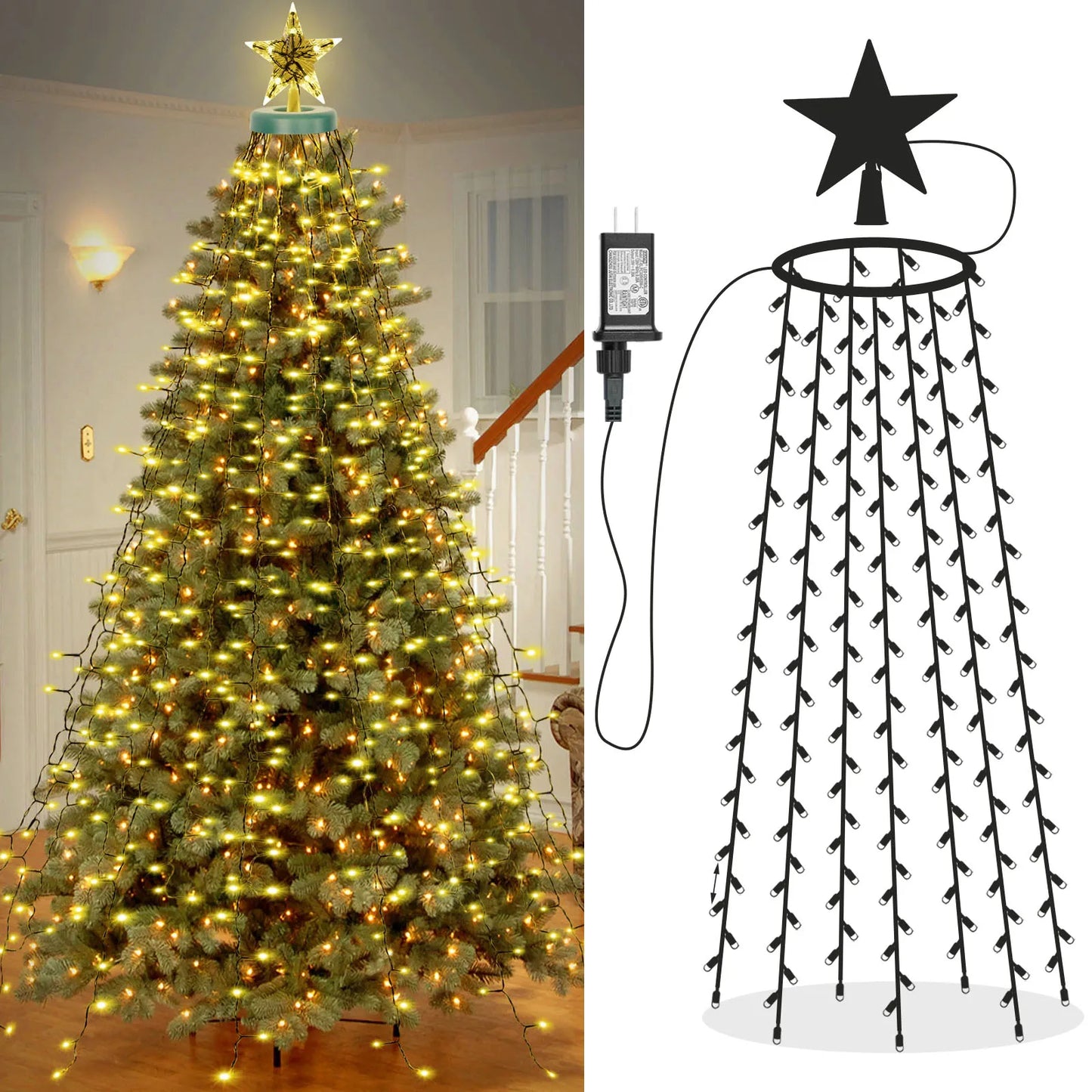 Christmas Tree Waterfall Lights with Star Topper