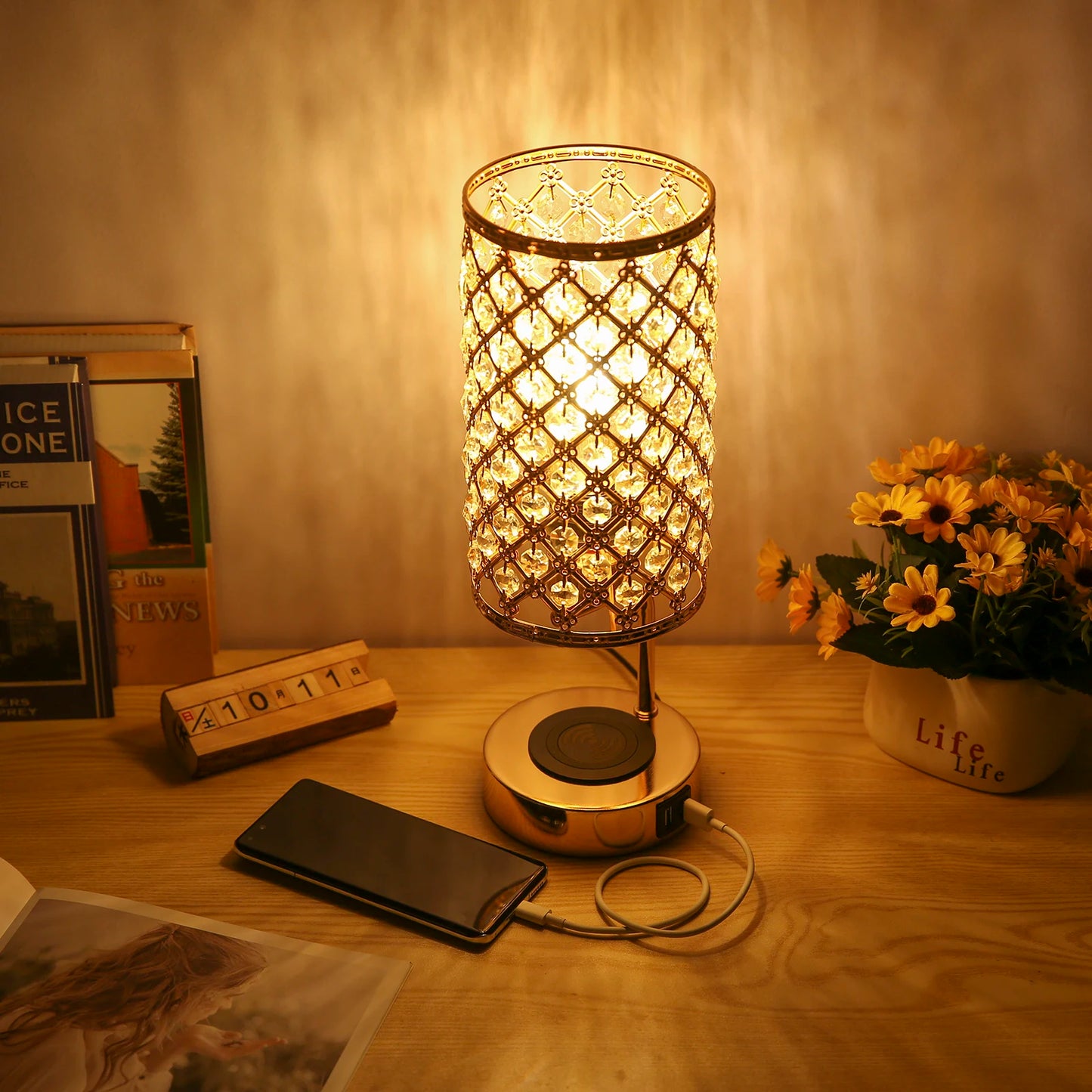 Crystal Table Lamp  Charger Dual USB