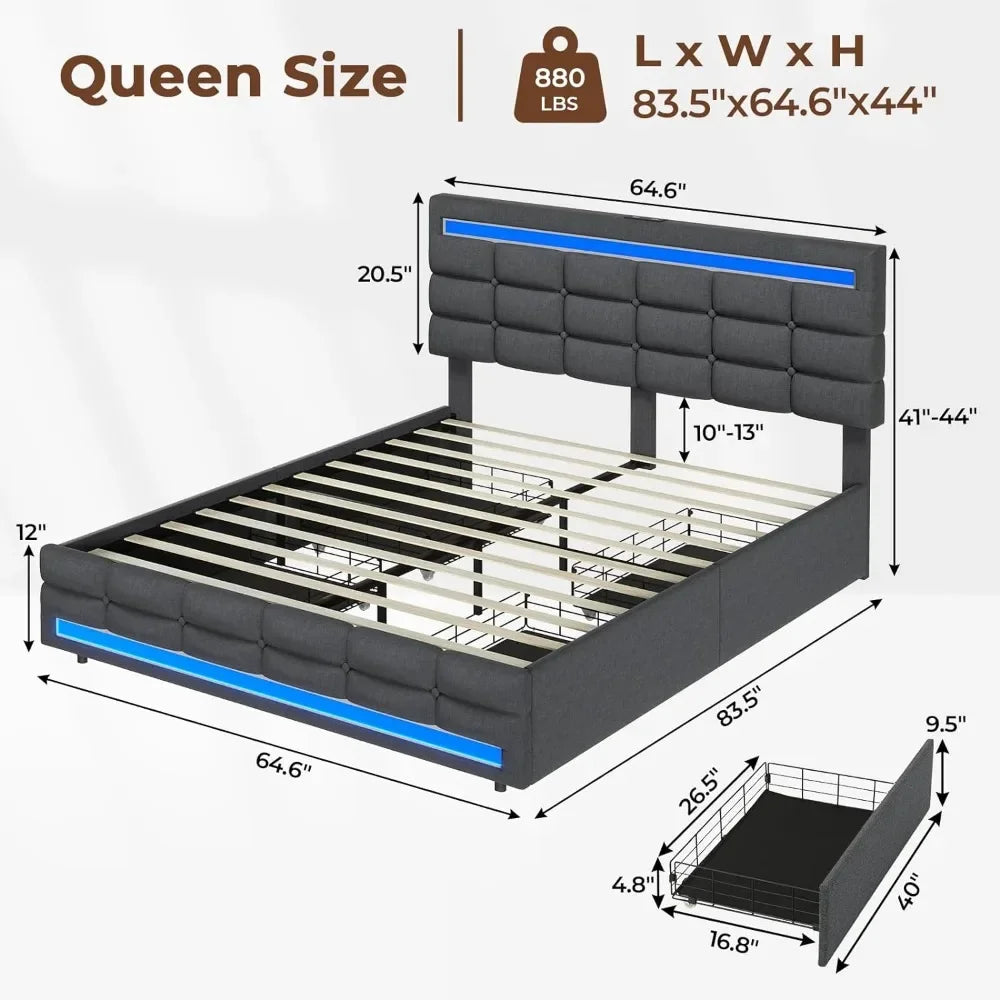 LED Bed Frame w 4 Drawers and 2 USB Charging Station,