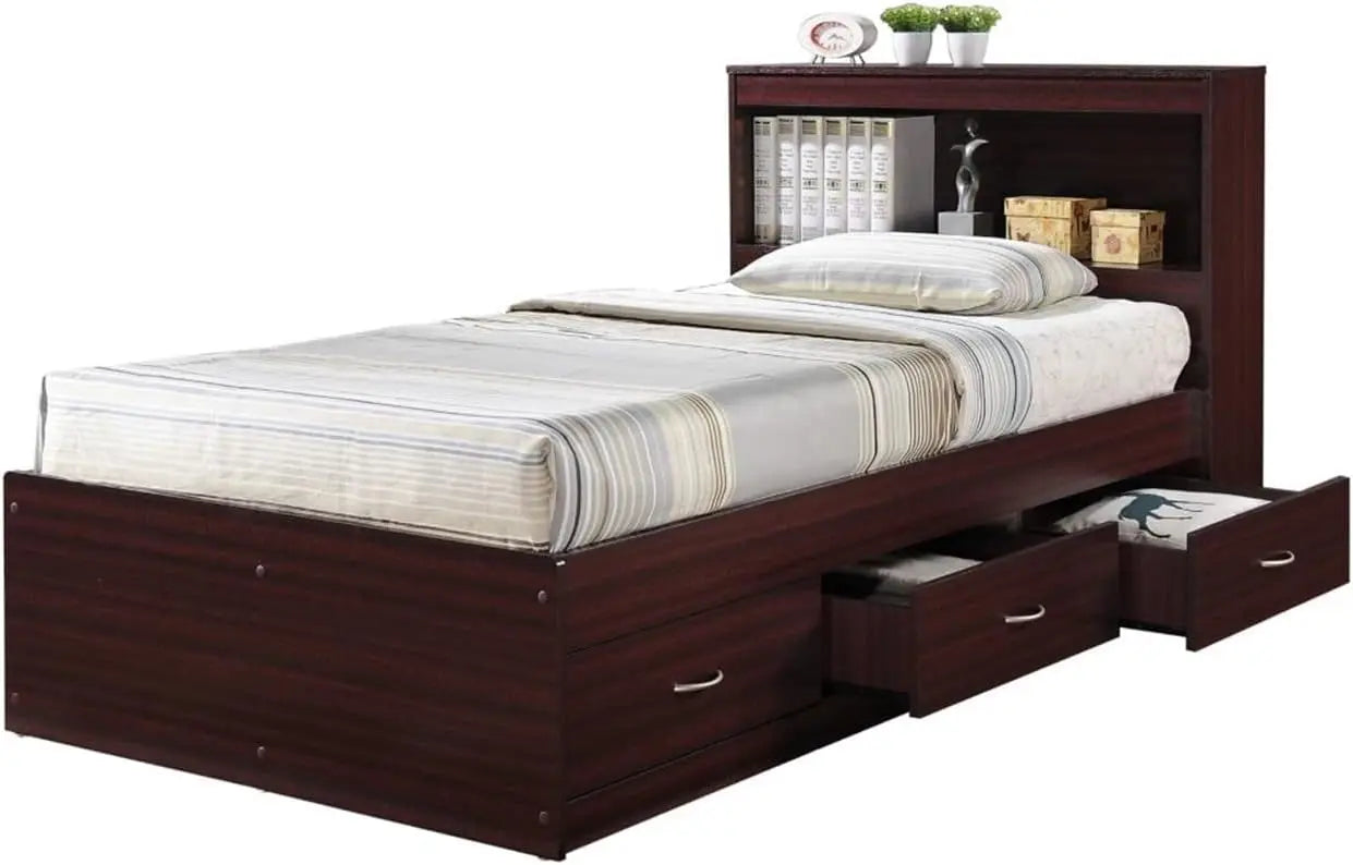 Twin Size Wood Bed with Bookcase Headboard with 3 Drawers