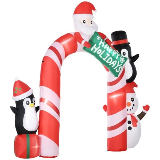 Christmas inflatable arches with Santa Claus, two penguins, and snowman